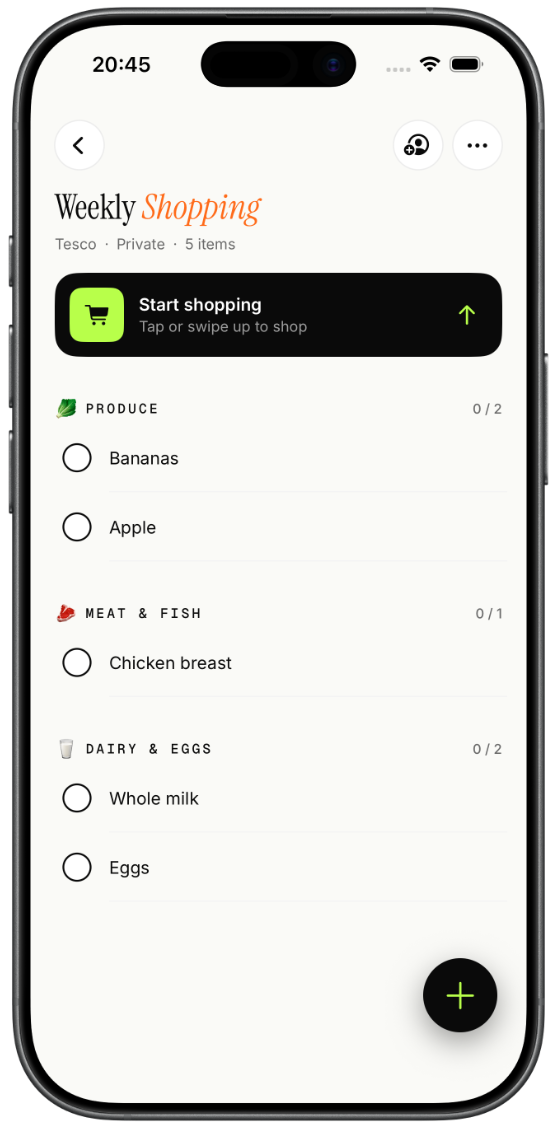 Ticklyst app showing a Weekly Shopping list for Tesco, with items auto-sorted into Produce, Meat & Fish, and Dairy aisles