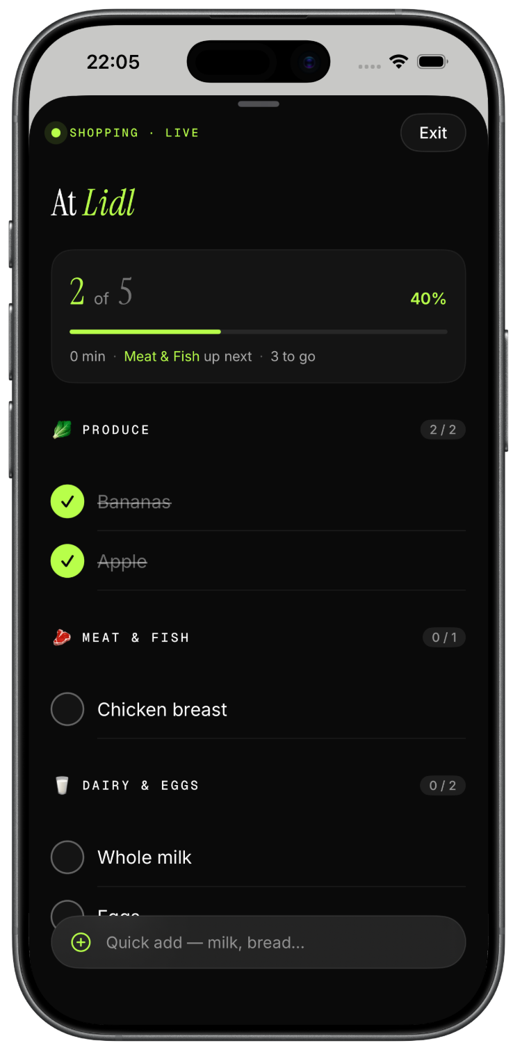 Ticklyst Shopping Mode: full-screen, aisle-ordered list with big checkboxes and a progress indicator